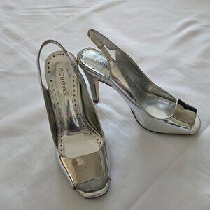 BCBGirls Y2K Erika Peep Toe Sling Back Heels SZ 7.5 Metallic Silver